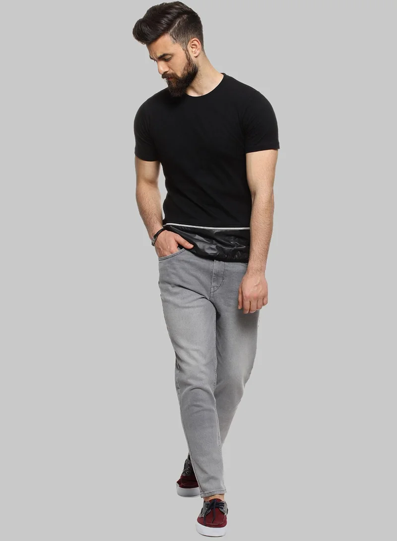 Campus Sutra Men's Solid Black T-Shirt With Faux Leather Details