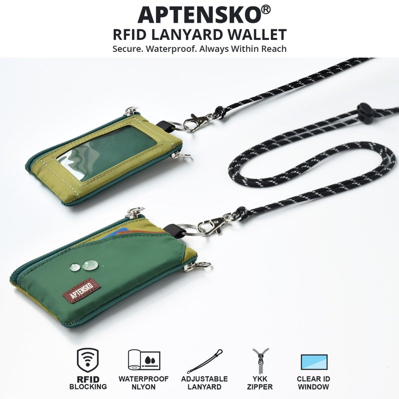 APTENSKO RFID Blocking Travel Wallet with Adjustable Lanyard, Small Nylon Zipper Pouch and Badge Holder for ID, Credit Cards, Cash, Keys, Commuters (ForestGreen+OliveGreen) - Image 2