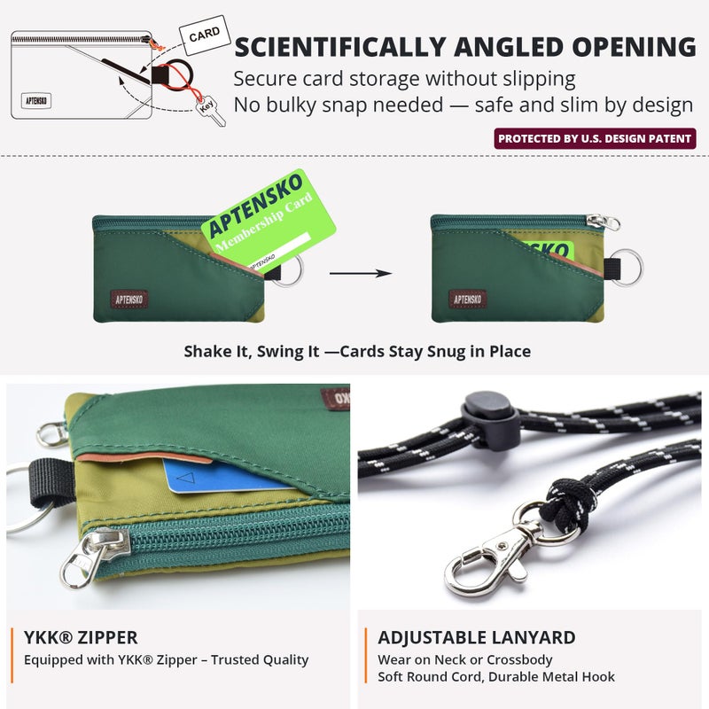 APTENSKO RFID Blocking Travel Wallet with Adjustable Lanyard, Small Nylon Zipper Pouch and Badge Holder for ID, Credit Cards, Cash, Keys, Commuters (ForestGreen+OliveGreen) - Image 4