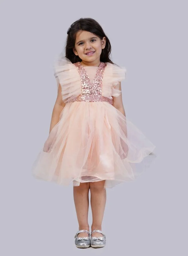 BELLA MODA Sequin Detail Mesh Frill Sleeves Skater Dress by Styli