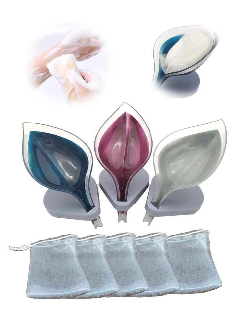3pcs Leaf Shape Self-Draining Soap Holder with Suction Cup for Shower and Kitchen, Comes with 5 Mesh Bags for Convenient Storage  - Image 1
