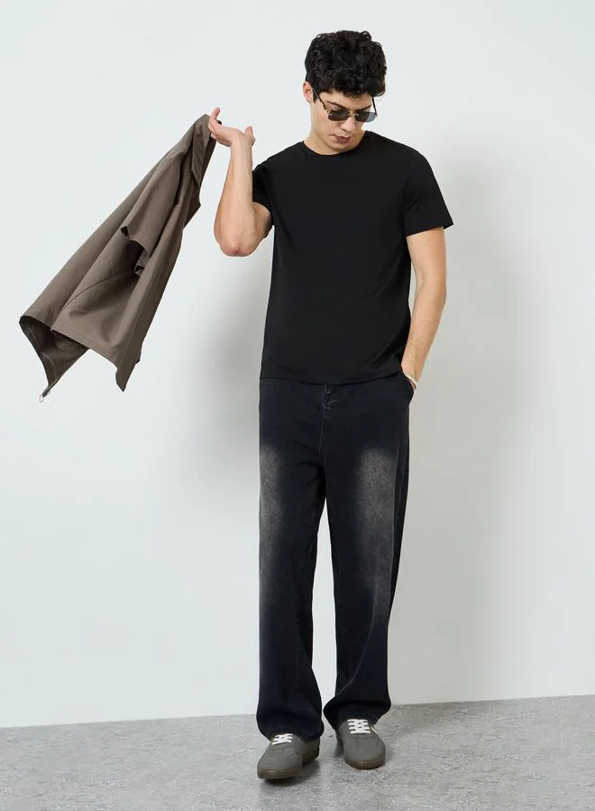 Styli Men Black Cotton Crew Neck T-Shirt