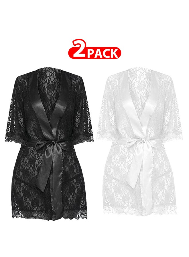 MARGOUN 2 Pack Womens Medium Size Robes Babydoll Robe Transparent Lace Deep V-Neck Short Lingerie Sleepwear Soft Kimono Bathrobe Dressing Gown Nightwear /M(bust 84-88/waist 68-72/hip 92-96) - Image 1