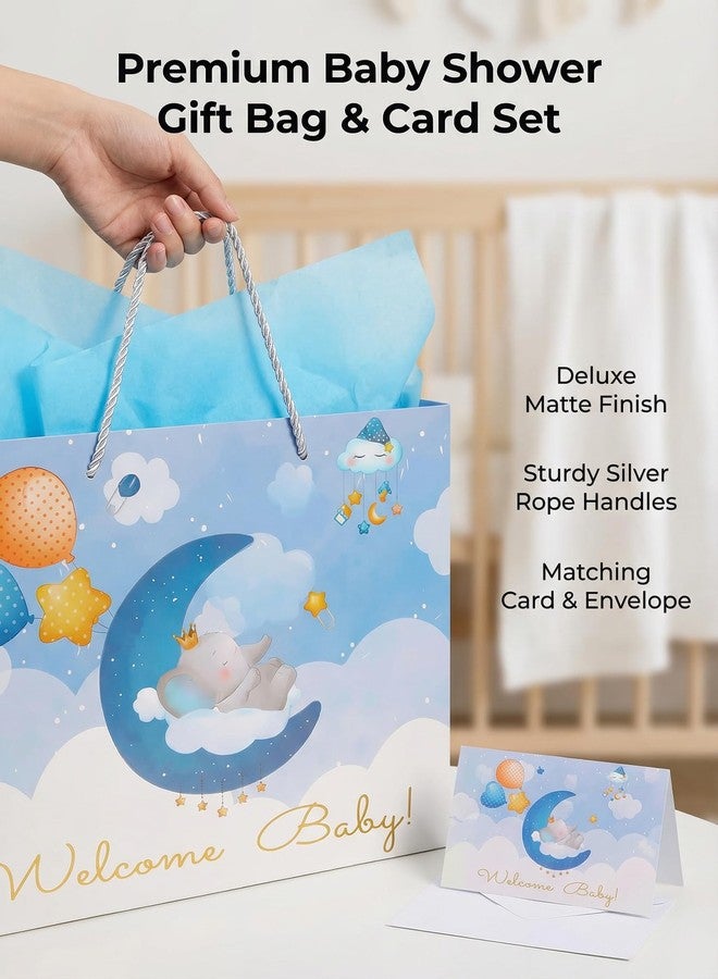 GFInYHM 13" Baby Boy Gift Bag for Baby Shower or Birthday with Handle, Tissue Paper and Greeting Card (Elephant) - Image 2