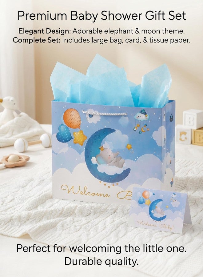 GFInYHM 13" Baby Boy Gift Bag for Baby Shower or Birthday with Handle, Tissue Paper and Greeting Card (Elephant) - Image 3
