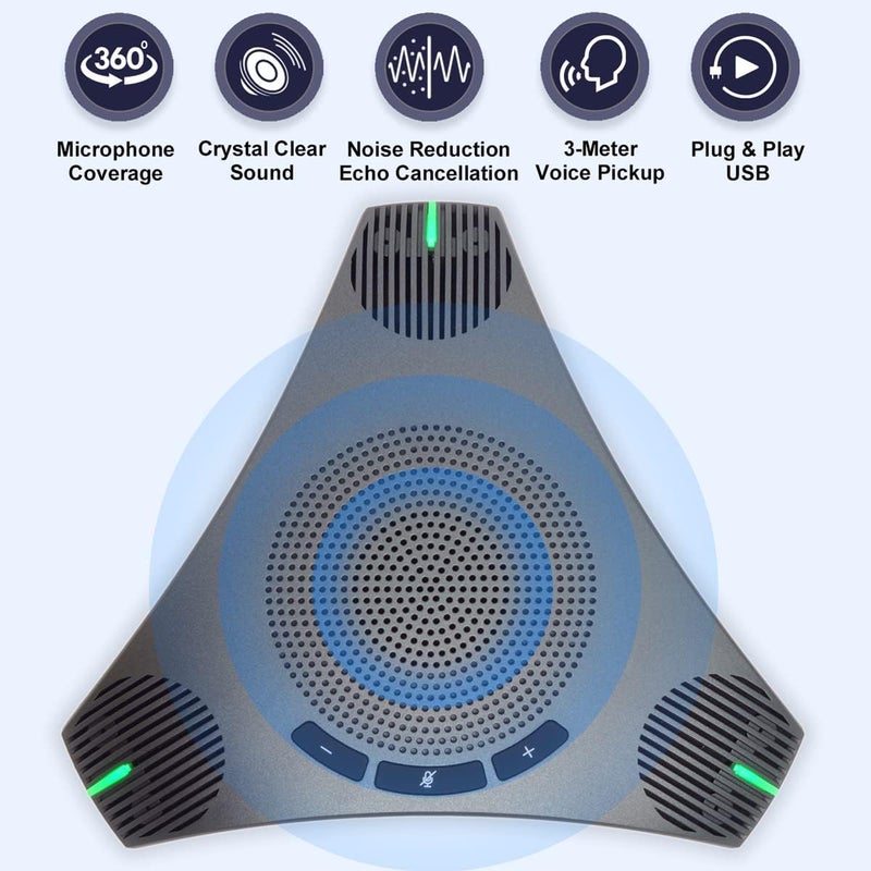 مكبر صوت وميكروفون مؤتمرات USB سلكي بالتقاط محيطي 360° وموزع USB، معالجة DSP لتقليل الضوضاء وإلغاء الصدى مع أزرار الكتم والصوت لاجتماعات 8–10 أشخاص، رمادي - Image 2