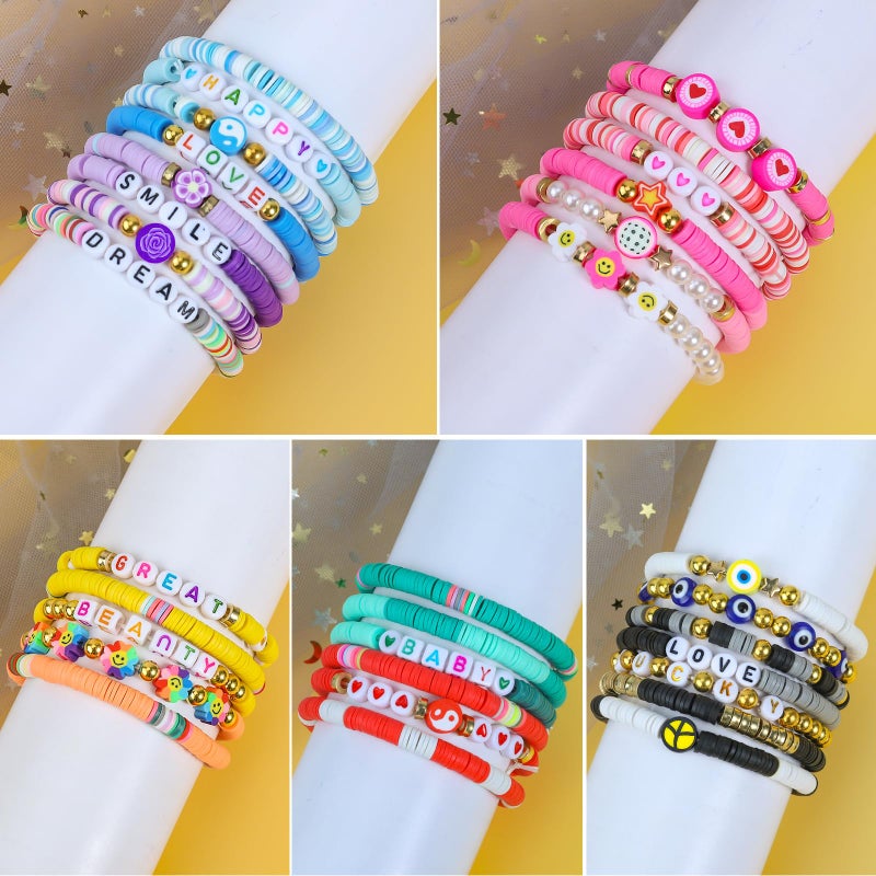 LUYI 32 Pcs Preppy Jewelry Bracelets for Women Clay Bead Colorful Surfer Heishi Bracelet Set Stackable Beaded Friendship Stretch Bracelets Boho Y2K Summer Beach Elastic Layering Bracelets - Image 5