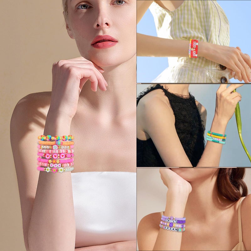 LUYI 32 Pcs Preppy Jewelry Bracelets for Women Clay Bead Colorful Surfer Heishi Bracelet Set Stackable Beaded Friendship Stretch Bracelets Boho Y2K Summer Beach Elastic Layering Bracelets - Image 3