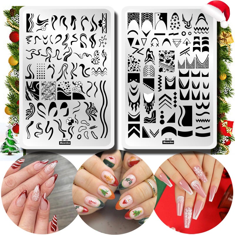 Mezerdoo Swirl French Line Nail Stamping Plates French Tip Nail Stamp Plate Geometric Wave Stripes Snake Flower Nail Art Stamper Stencils Printing Template 2pcs Large Stainless Steel Nail Art Tools 14.5Ã—9.5cm - Image 1