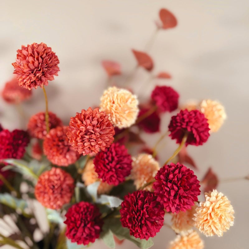 RyddeligHome Fall Flowers, Burnt Orange Faux Kiku Flowers Artificial 10 Stems + Eucalyptus, Fake Silk Mums Fall Floral Centerpiece, Autumn Decor, Terracotta Mini Balls Faux Stems For Vase, Decoración de Otoño - Image 3