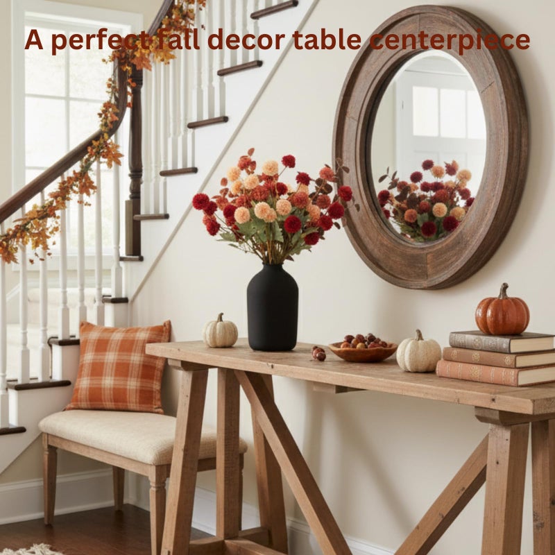 RyddeligHome Fall Flowers, Burnt Orange Faux Kiku Flowers Artificial 10 Stems + Eucalyptus, Fake Silk Mums Fall Floral Centerpiece, Autumn Decor, Terracotta Mini Balls Faux Stems For Vase, Decoración de Otoño - Image 2