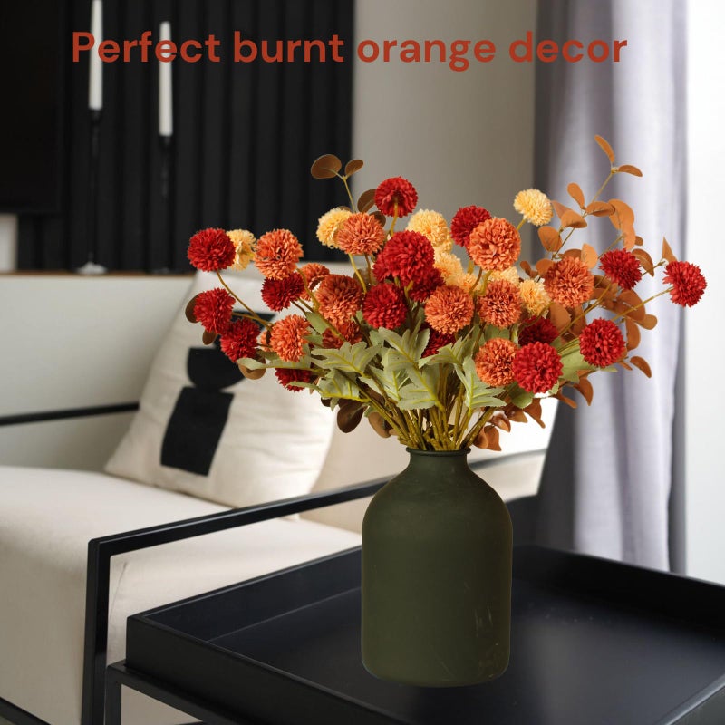 RyddeligHome Fall Flowers, Burnt Orange Faux Kiku Flowers Artificial 10 Stems + Eucalyptus, Fake Silk Mums Fall Floral Centerpiece, Autumn Decor, Terracotta Mini Balls Faux Stems For Vase, Decoración de Otoño - Image 5