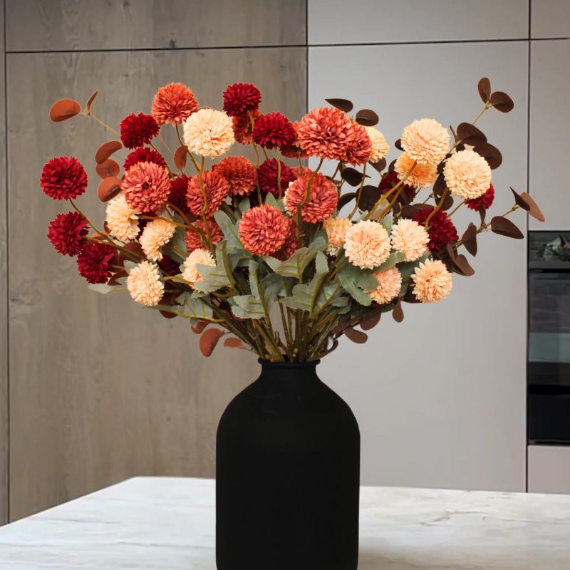 RyddeligHome Fall Flowers, Burnt Orange Faux Kiku Flowers Artificial 10 Stems + Eucalyptus, Fake Silk Mums Fall Floral Centerpiece, Autumn Decor, Terracotta Mini Balls Faux Stems For Vase, Decoración de Otoño - Image 1