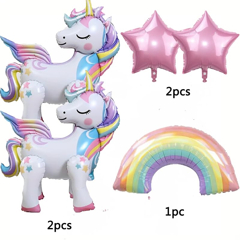 DUILE 5 Pcs Self Standing Unicorn Balloons - 3D Rainbow and Star Foil Balloons for Birthday Party Decorations and Supplies - Image 2