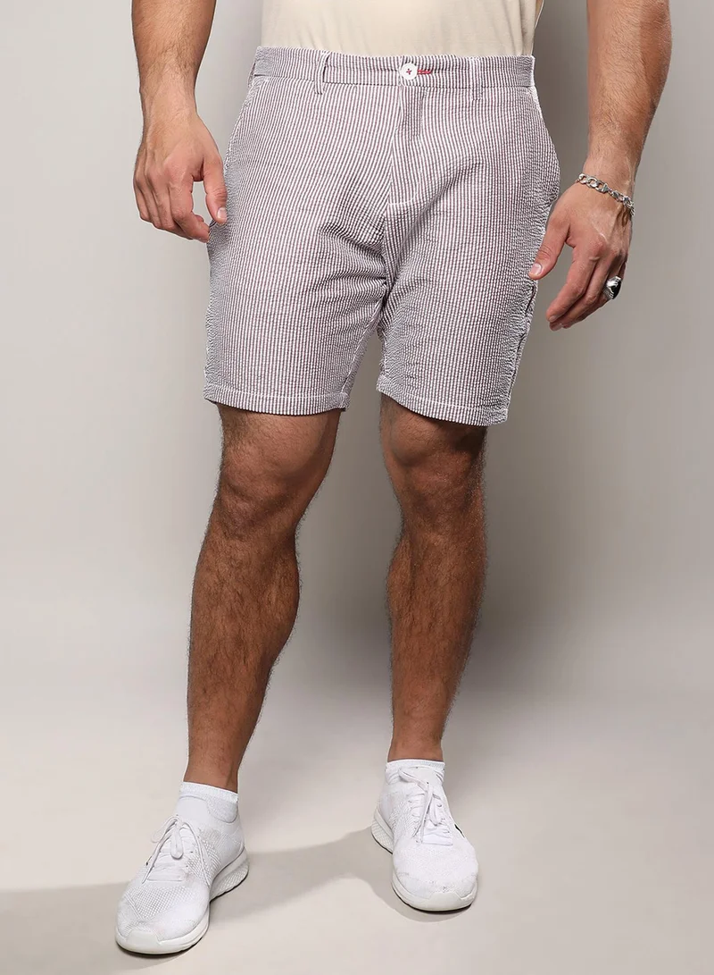 Instafab Plus Instafab Plus Men's Brown Seersucker Stripe Shorts For Casual Wear | Striped Pattern | Angled Open Pockets | Button Closure | Cotton Poly Spandex Shorts Crafted With Comfort Fit For Everyday Wear