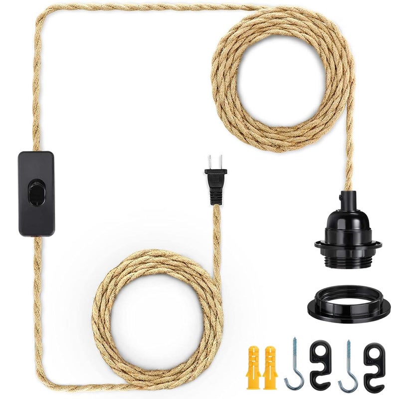 HESSION Rattan Wrapped Extension Hanging Lantern, Plug-in Pendant Light with Hemp Cord - 15ft, E26/E27 Compatible Vintage Fabric Lamp - Ideal for Rustic and Boho Style Decor - Image 1