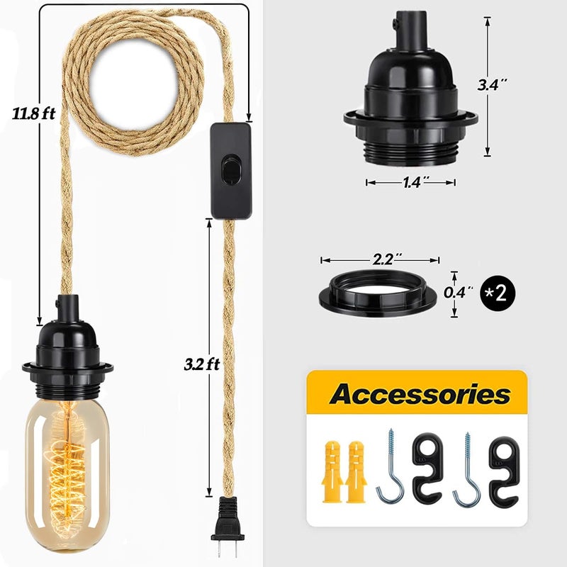 HESSION Rattan Wrapped Extension Hanging Lantern, Plug-in Pendant Light with Hemp Cord - 15ft, E26/E27 Compatible Vintage Fabric Lamp - Ideal for Rustic and Boho Style Decor - Image 2