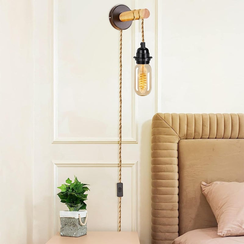 HESSION Rattan Wrapped Extension Hanging Lantern, Plug-in Pendant Light with Hemp Cord - 15ft, E26/E27 Compatible Vintage Fabric Lamp - Ideal for Rustic and Boho Style Decor - Image 5