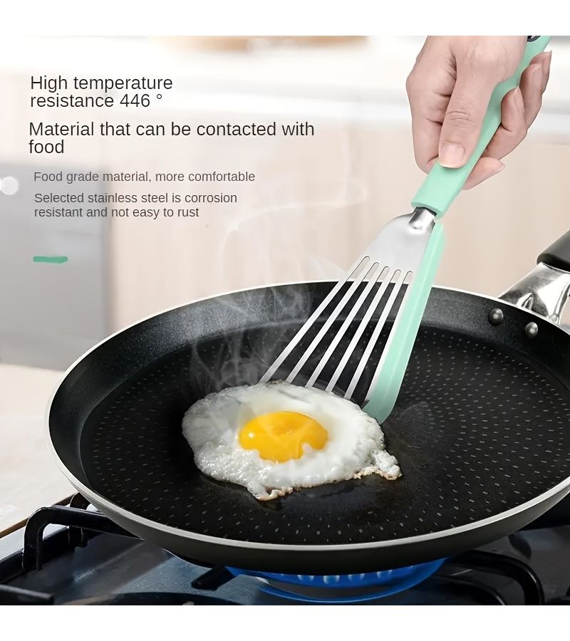 1pc Mint Green Silicone Handle Stainless Steel Spatula Heat Resistant Frying Pan Turner Non Stick Kitchen Utensil For Cooking Steak And Fish Perfect For Christmas New Year Halloween Parties - Image 2