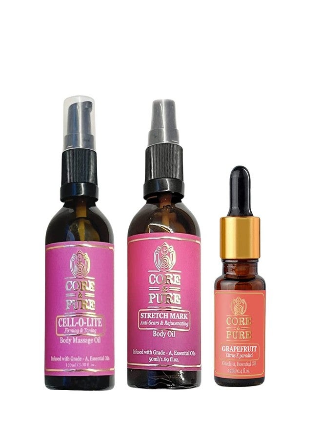 CORE & PURE Combo Pack of Cell-o-lite Body Massage Oil 50 ml, Grapefruit 12 ML Grade-A, Essential Oil & Anti-Scar and Rejuvenating Stretch Mark Oil 50 ml - Image 1