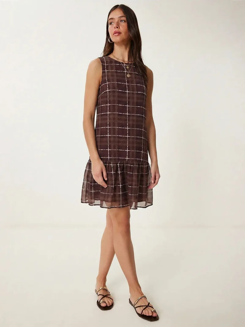 Happiness İstanbul ISTANBUL Frilly Plaid Mini Dress with Crew Neck