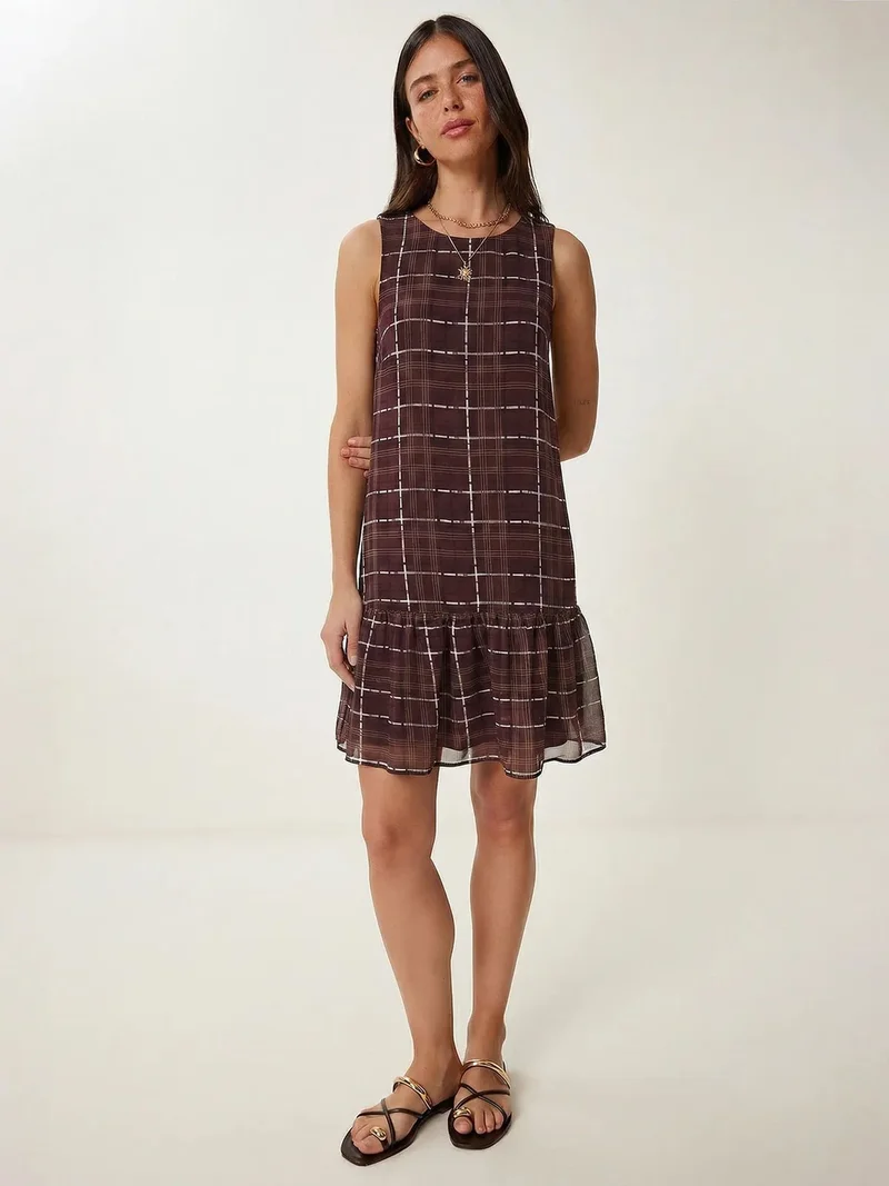 Happiness İstanbul ISTANBUL Frilly Plaid Mini Dress with Crew Neck