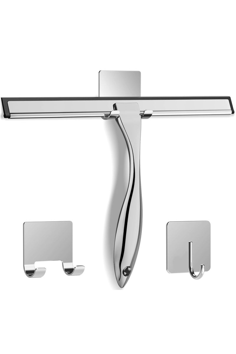 Hihonor All-Purpose Stainless Steel Shower Squeegee for Shower Glass Door with 2 Adhesive Hooks, Bathroom Cleaner Tool Household Window Mirror Squeegee , Cleaning Tile Wall, Car, 10 Inch Silver  - Image 1