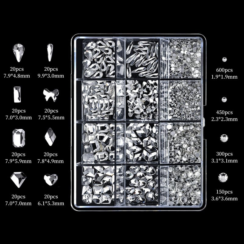 Cycullinyt 1660Pcs Silver Nail Art Rhinestones: 8 Types of Multi Shapes Diamonds + 4 Sizes Flatback DIY Crafts Rhinestone Crystals 3D Glass Stones Set + Tweezer + Pickup Pen - Image 3