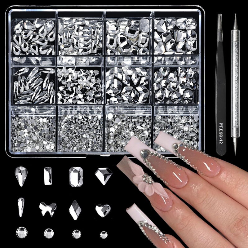 Cycullinyt 1660Pcs Silver Nail Art Rhinestones: 8 Types of Multi Shapes Diamonds + 4 Sizes Flatback DIY Crafts Rhinestone Crystals 3D Glass Stones Set + Tweezer + Pickup Pen - Image 1