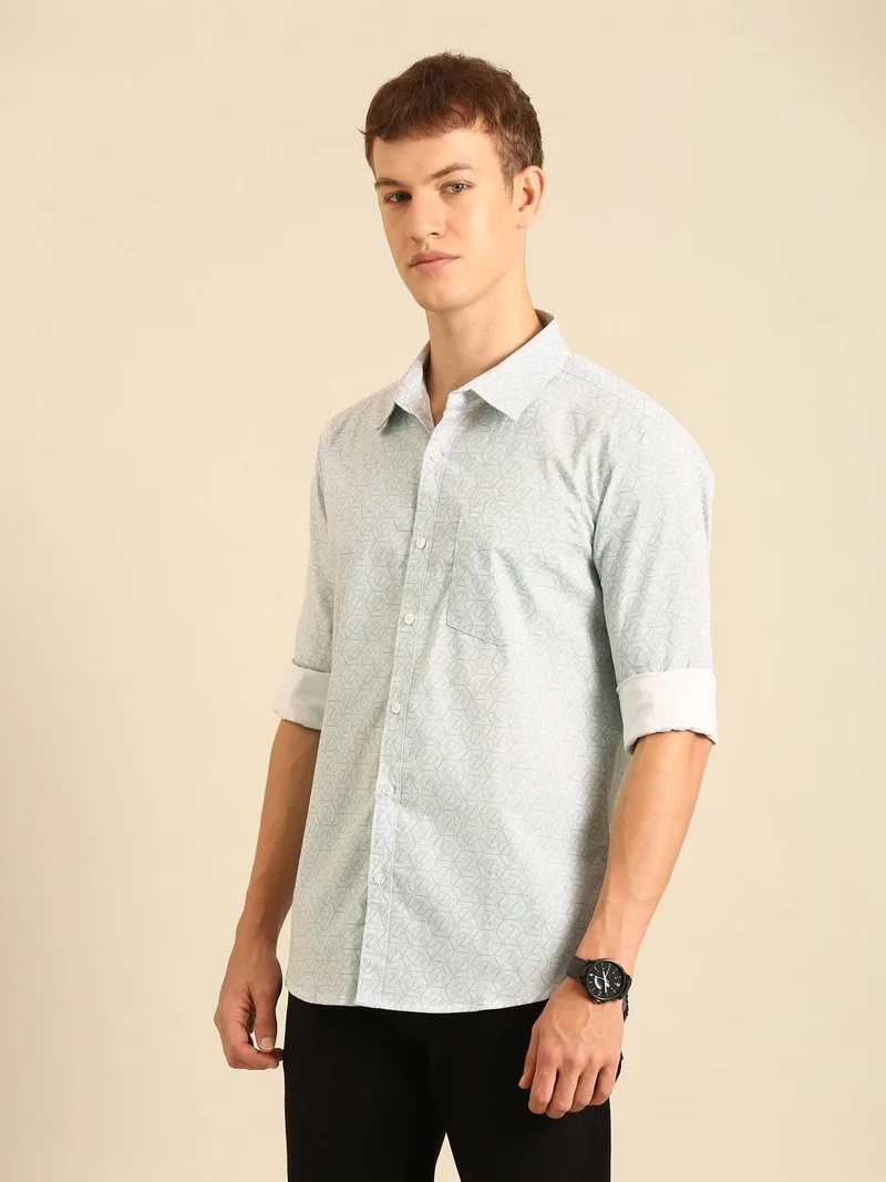 جوفن قميص قطني أبيض مطبوع كاجوال للرجال