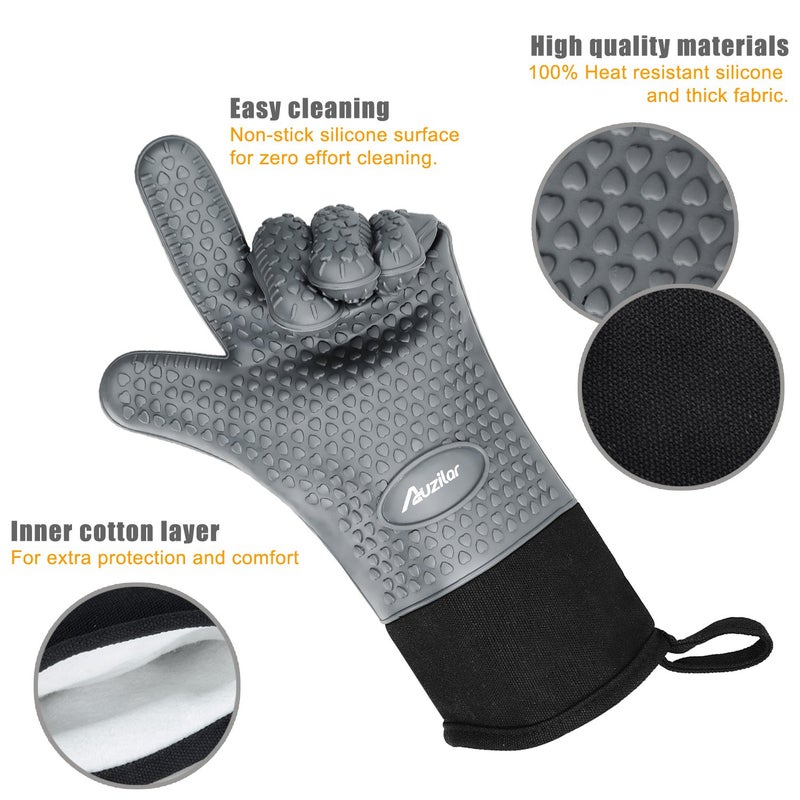Auzilar Silicone Cooking Gloves, Heat Resistant BBQ Kitchen Oven Mitts, Long Waterproof Non-Slip Potholder for Barbecue, Cooking, Baking - Image 4