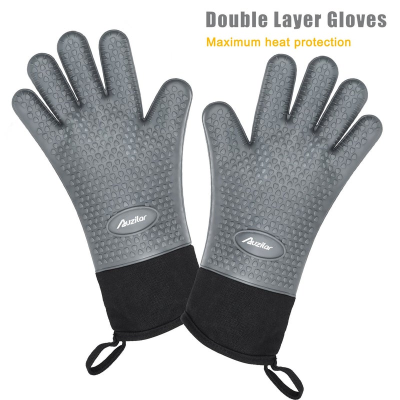Auzilar Silicone Cooking Gloves, Heat Resistant BBQ Kitchen Oven Mitts, Long Waterproof Non-Slip Potholder for Barbecue, Cooking, Baking - Image 2