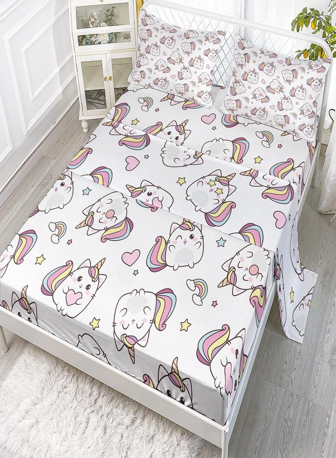 CVHouse Kawaii Cat Bed Sheets Set, Twin Size, Unicorn Cat Bedding for Girls, 1 Flat & 1 Fitted Sheet with 2 Pillow Cases - 4 Pieces - Image 2