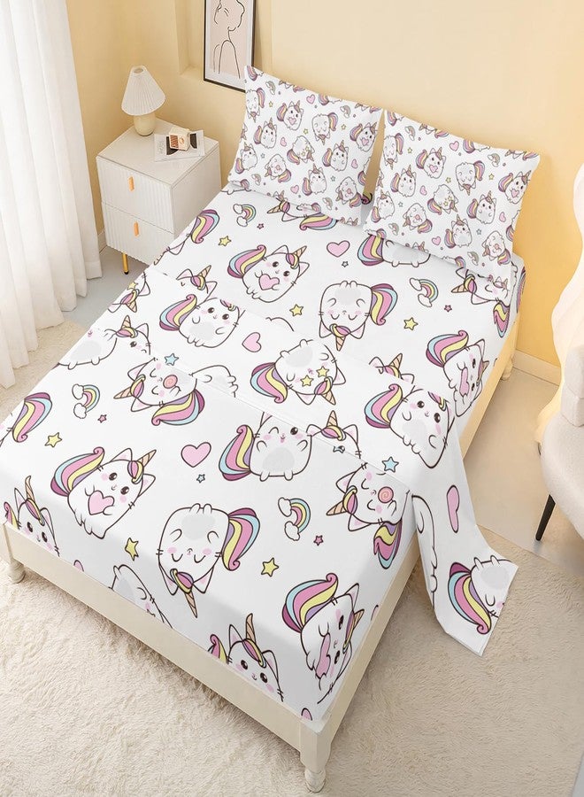 CVHouse Kawaii Cat Bed Sheets Set, Twin Size, Unicorn Cat Bedding for Girls, 1 Flat & 1 Fitted Sheet with 2 Pillow Cases - 4 Pieces - Image 1