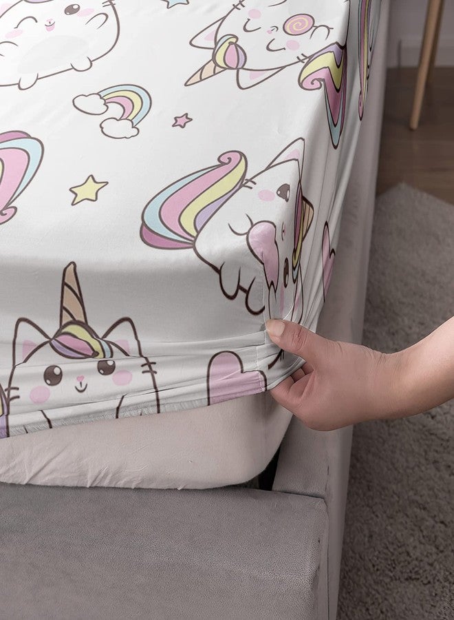 CVHouse Kawaii Cat Bed Sheets Set, Twin Size, Unicorn Cat Bedding for Girls, 1 Flat & 1 Fitted Sheet with 2 Pillow Cases - 4 Pieces - Image 5