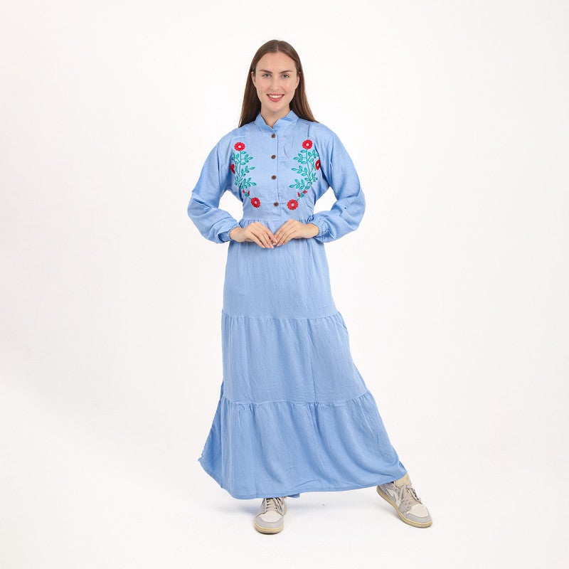 BEBO Women's long dress with embroidery on the chest and long sleeves, one size fits most (approximately 60-85 kg)_Cyan - Image 1