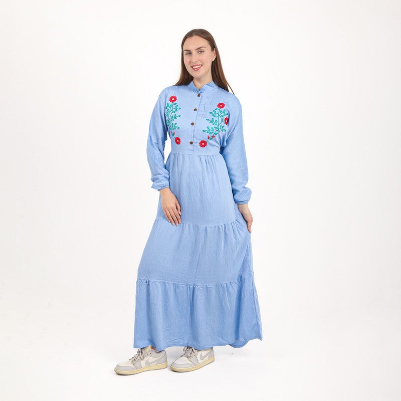 BEBO Women's long dress with embroidery on the chest and long sleeves, one size fits most (approximately 60-85 kg)_Cyan - Image 3