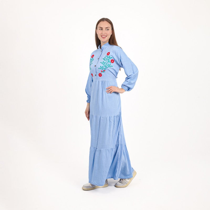 BEBO Women's long dress with embroidery on the chest and long sleeves, one size fits most (approximately 60-85 kg)_Cyan - Image 2