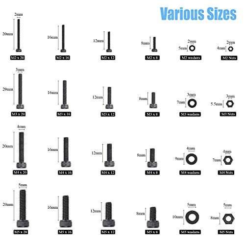 DYWISHKEY 1220 PCS M2 M3 M4 M5, 12.9 Grade Alloy Steel Hex Socket Head Cap Bolts Screws Nuts Washers Assortment Kit with Hex Wrenches - Image 4