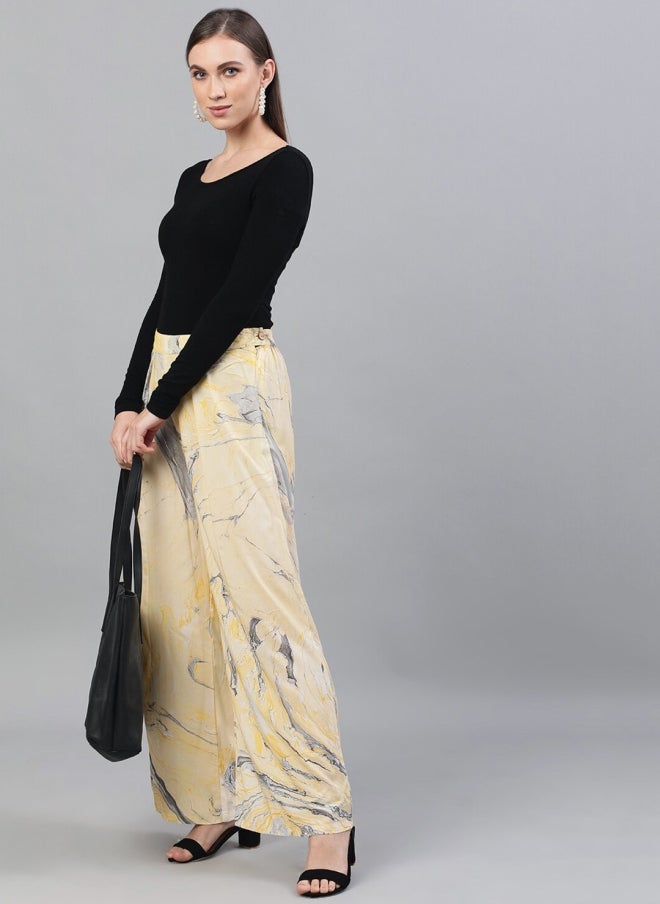 AKS Yellow Abstract Printed Wide Leg Palazzos for Women - Image 4