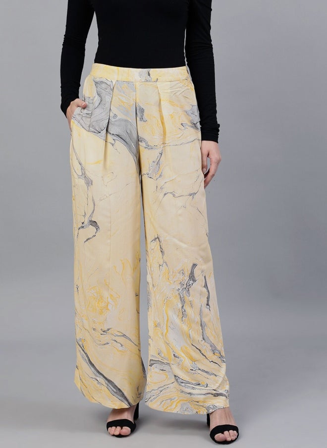 AKS Yellow Abstract Printed Wide Leg Palazzos for Women - Image 1