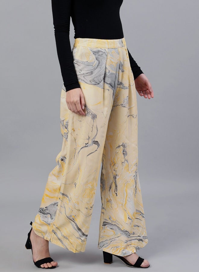 AKS Yellow Abstract Printed Wide Leg Palazzos for Women - Image 2