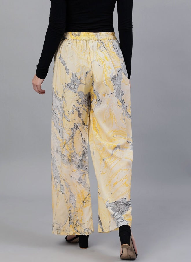 AKS Yellow Abstract Printed Wide Leg Palazzos for Women - Image 3