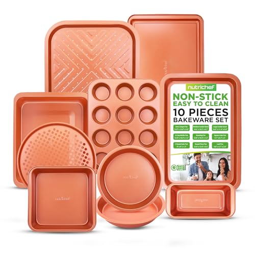 NutriChef 10Piece Nonstick Oven Baking Pan Set  Premium Carbon Steel Bakeware wCookie Sheets Loaf  Cupcake Pans Perforated Crisper Pans Round  Square Roasting Pans Easy to Clean  Copper