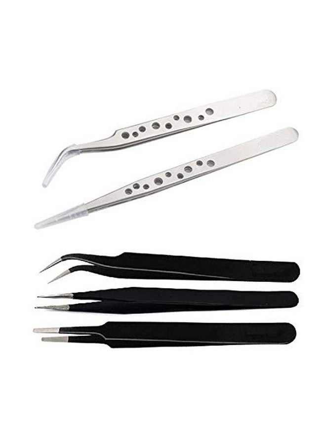 Axtella Set of 2 Anti-Static Stainless Steel Tweezers- Straight & Curved Tips With Set of 3 ESD Non-Magnetic Stainless Steel Tweezers- Straight, Flat & Curved Tips - Image 1