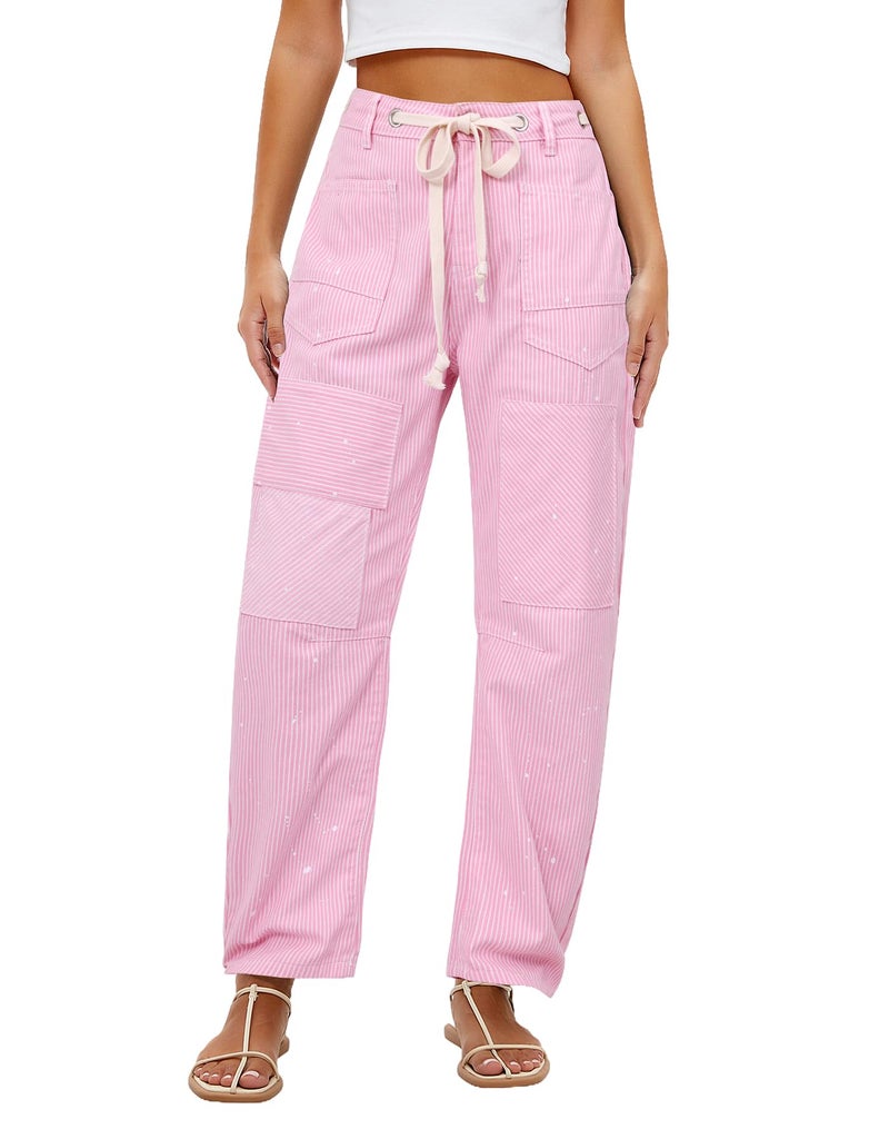 Kedera Women Striped Barrel Jeans Casual Loose Denim Jeans Wide Leg Baggy Pants Mid Waist Boyfriend Jeans Y2K Pink - Image 1