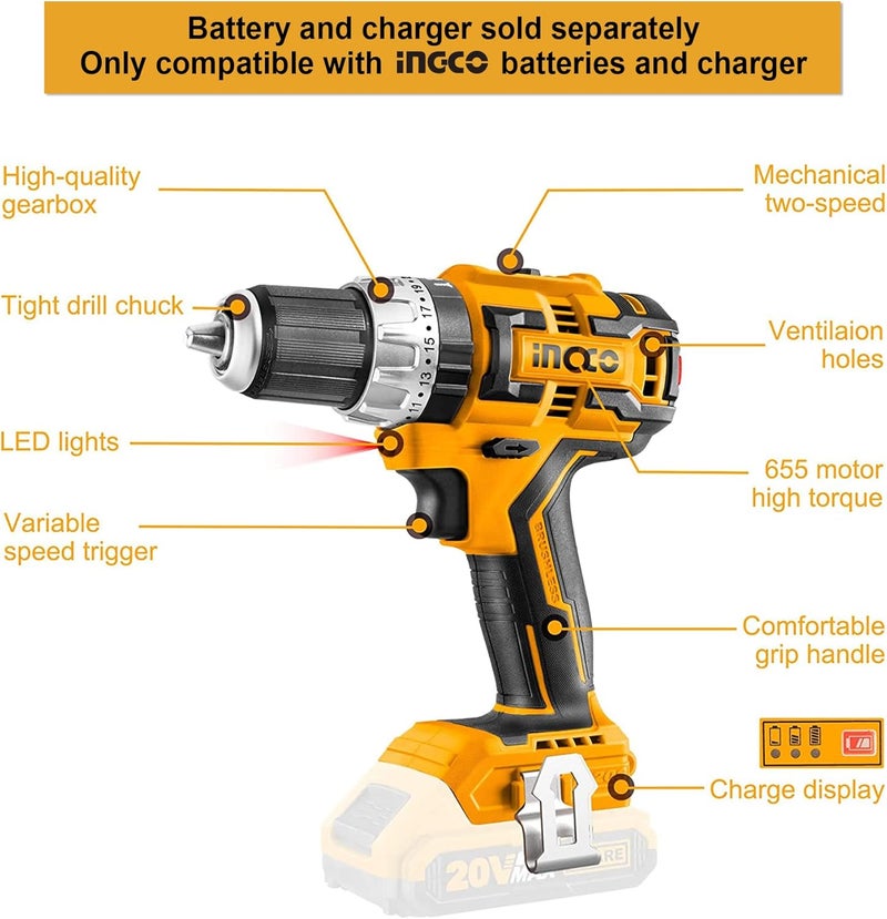 إنجكو مثقاب صدمي بدون فرشاة ٢٠ فولت، مثقاب كهربائي ١/٢ بوصة، إعدادات سرعة وعزم دوران متغيرة، مصباح عمل LED - Image 4