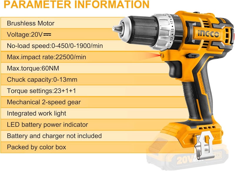 إنجكو مثقاب صدمي بدون فرشاة ٢٠ فولت، مثقاب كهربائي ١/٢ بوصة، إعدادات سرعة وعزم دوران متغيرة، مصباح عمل LED - Image 5