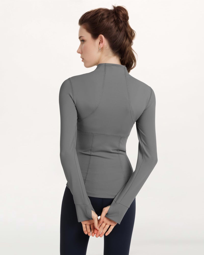 Locachy Women's Slim Fit Full Zip Athletic Running Sports Workout Jacket with Thumb Holes 01 Grey S - Image 2