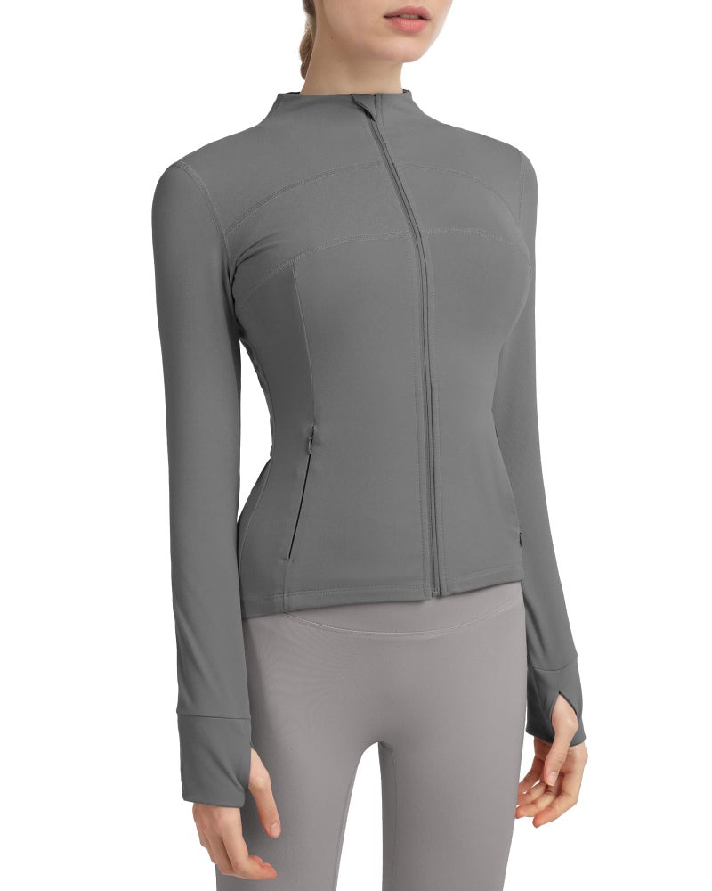 Locachy Women's Slim Fit Full Zip Athletic Running Sports Workout Jacket with Thumb Holes 01 Grey S - Image 1
